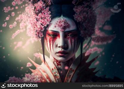 young pretty geisha in kimono with sakura.  Image created with Generative AI technology 