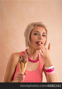 Young pretty girl with short blond hair eating melting chocolate ice cream in cone. 100% satisfaction