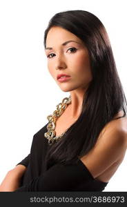 young pretty oriental woman with long black hair and a necklace in a fashion shot