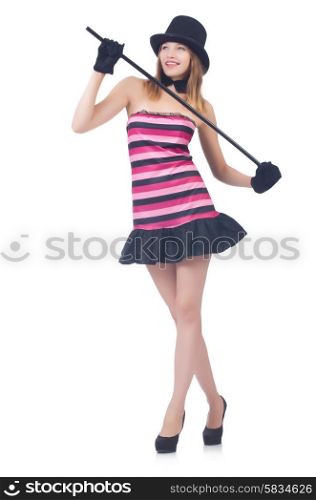 Young pretty woman dancing with walking stick isolated on white
