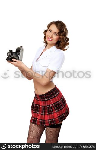 Young pretty woman dressed in retro style with camera