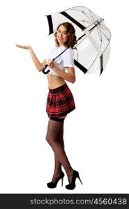 Young pretty woman dressed in retro style with umbrella