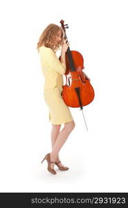 young pretty woman holding cello against white background