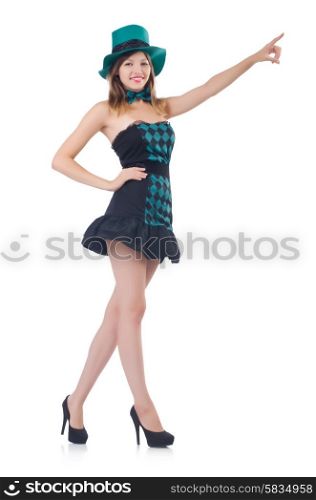 Young pretty woman in a hat pressing vitrual button isolated on white