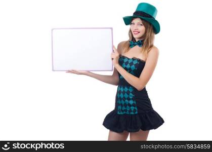 Young pretty woman in a hat with blank board isolated on white