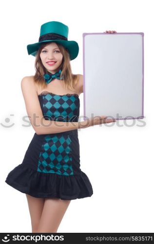 Young pretty woman in a hat with blank board isolated on white