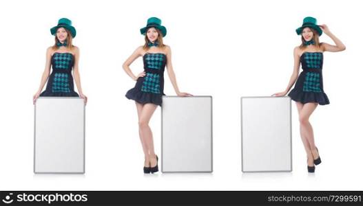 Young pretty woman in a hat  with blank board isolated on white
