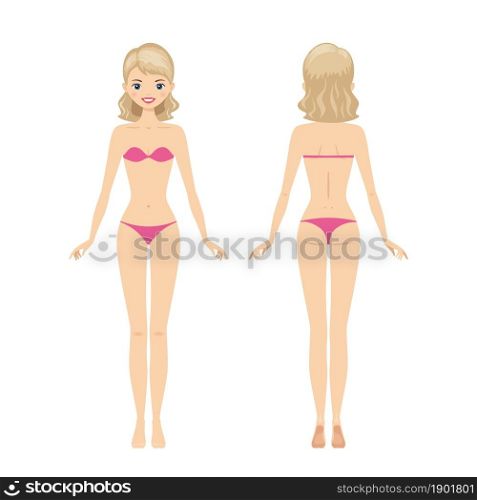 Young pretty woman in lingerie. Front and back views. Cartoon flat style. Vector illustration