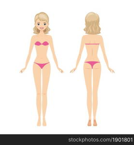 Young pretty woman in lingerie. Front and back views. Cartoon flat style. Vector illustration