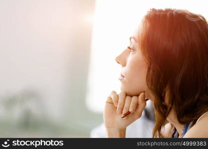 Young pretty woman indoors. Young pretty woman smiling portrait indoors