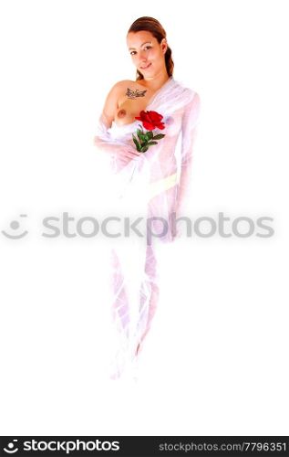 Young pretty woman, nude, with white twill around her body and a red rose in her hand, for white background.