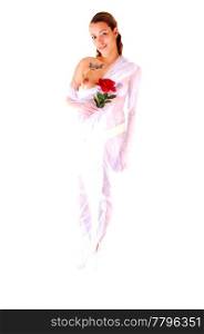 Young pretty woman, nude, with white twill around her body and a red rose in her hand, for white background.
