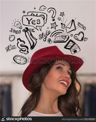 Young pretty woman thinking of her plans closeup face portrait and sketches overhead