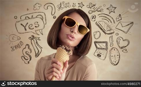 Young pretty woman thinking of her plans, eating icecream and having fun closeup face portrait and sketches overhead