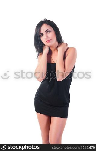 Young pretty woman torso in black dress. Isolated on white