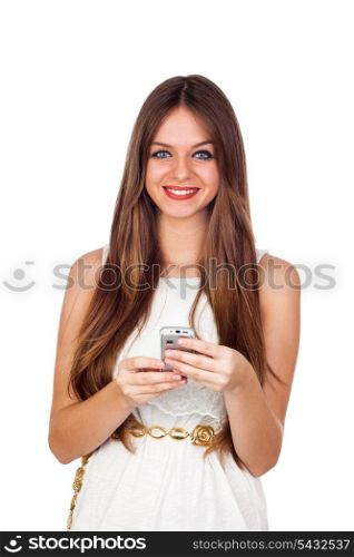 Young Pretty Woman Using a Mobile Phone Isolated on White