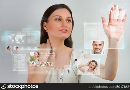 Young pretty woman using social media virtual interface