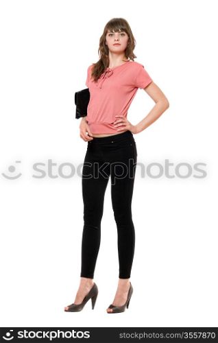 Young pretty woman with a black handbag. Isolated