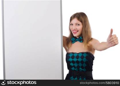 Young pretty woman with blank board isolated on white