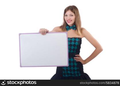 Young pretty woman with blank board isolated on white