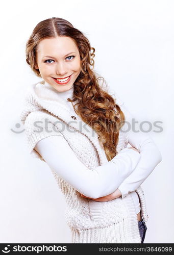 Young pretty woman with long hair wearing warm pullover