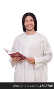 Young priest with bible isolated on white
