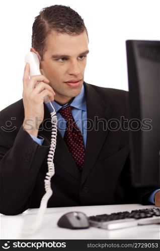 young profesional business men sitting and talking over phone in white background