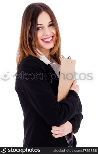 Young professional businesswoman holding a pad and smiling on a white background