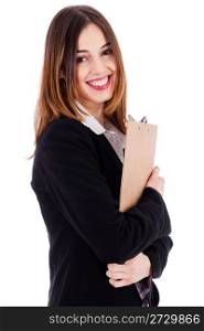 Young professional businesswoman holding a pad and smiling on a white background