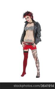 Young punk rock woman standing over white background