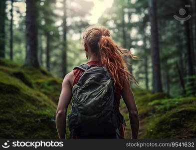 Young red hair woman hiking in green summer forest.AI Generative.