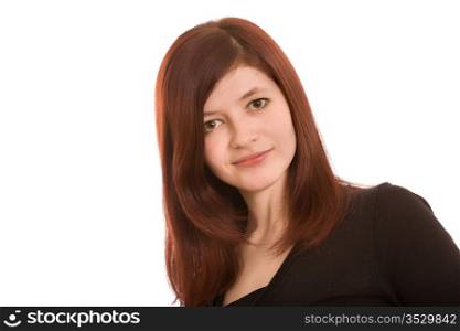 young red-haired girl on white background
