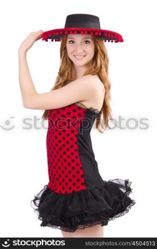 Young redhead girl in polka dot dress and sombrero isolated on white