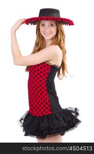 Young redhead girl in polka dot dress and sombrero isolated on white
