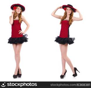 Young redhead girl in polka dot dress and sombrero isolated on white. Young redhead girl in polka dot dress and sombrero isolated on