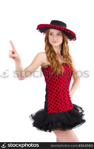 Young redhead girl in polka dot dress and sombrero pressing virtual buttons isolated on white