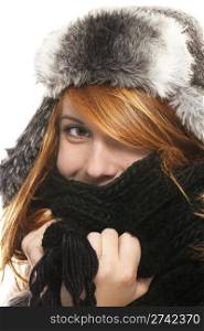 young redhead woman covering in muffler. young redhead woman covering in muffler on white background