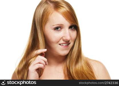 young redhead woman playing with her hair. young redhead woman playing with her hair on white background