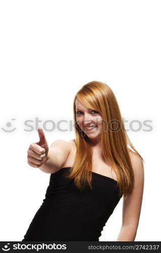 young redhead woman showing thumbs up. young redhead woman showing thumbs up on white background