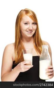young redhead woman with a glass and a bottle with milk. young redhead woman with a glass and a bottle with milk on white background