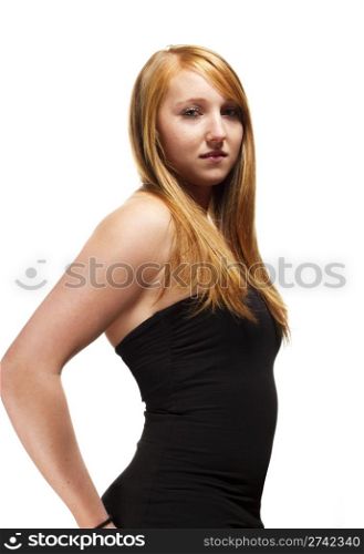 young redhead woman with black shirt. young redhead woman with black shirt on white background