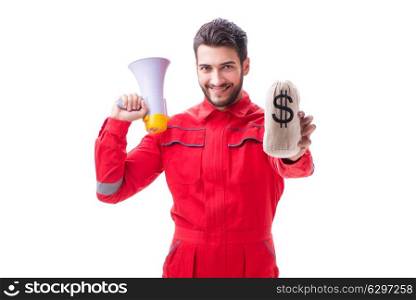 Young repairman with a megaphone and a money bag isolated on whi. Young repairman with a megaphone and a money bag isolated on white background