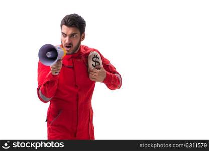 Young repairman with a megaphone and a money bag isolated on whi. Young repairman with a megaphone and a money bag isolated on white background