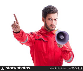 Young repairman with a megaphone bullhorn isolated on white background. Young repairman with a megaphone bullhorn isolated on white back