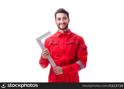 Young repairman with a square ruler isolated on white background