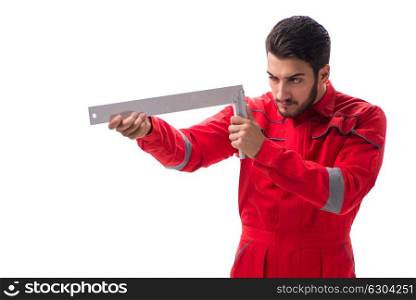 Young repairman with a square ruler isolated on white background