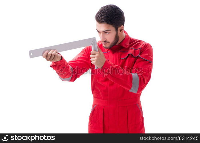 Young repairman with a square ruler isolated on white background