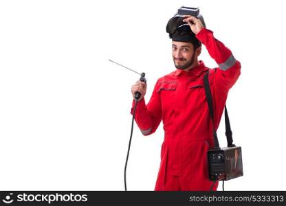 Young repairman with a welding gun electrode and a helmet isolat. Young repairman with a welding gun electrode and a helmet isolated on white background