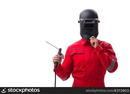 Young repairman with a welding gun electrode and a helmet isolat. Young repairman with a welding gun electrode and a helmet isolated on white background