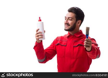 Young repairman with paint glue and a paintbrush brush isolated . Young repairman with paint glue and a paintbrush brush isolated on white background